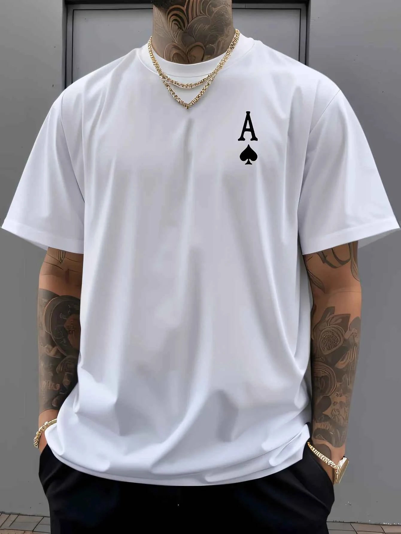 Summer men's 100% pure cotton casual sports loose oversized retro spade A printed comfortable round neck short sleeved T-shirt