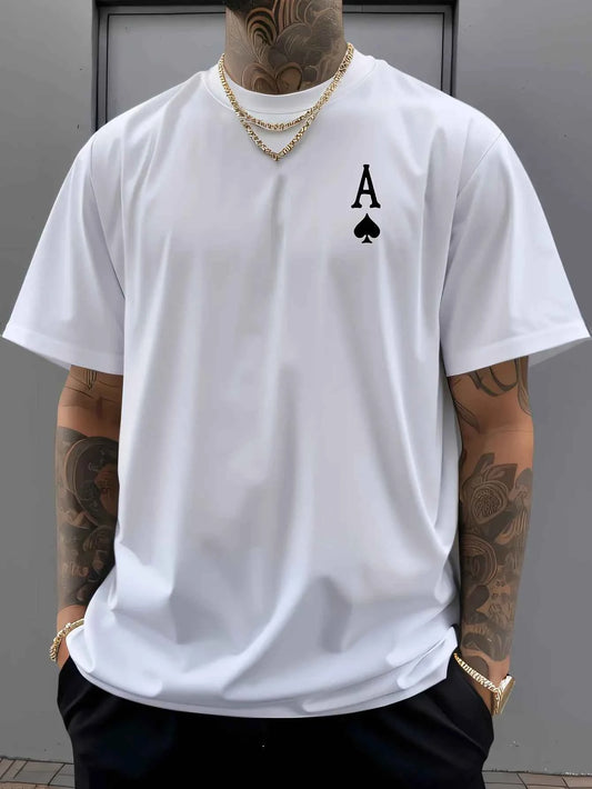Summer men's 100% pure cotton casual sports loose oversized retro spade A printed comfortable round neck short sleeved T-shirt