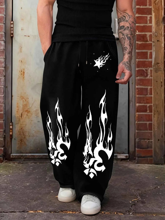 Men's Black Wide Leg Joggers, Dynamic White Flame and Star Print High Contrast Street Pants Oversized Hip Hop Sweatpants Trends