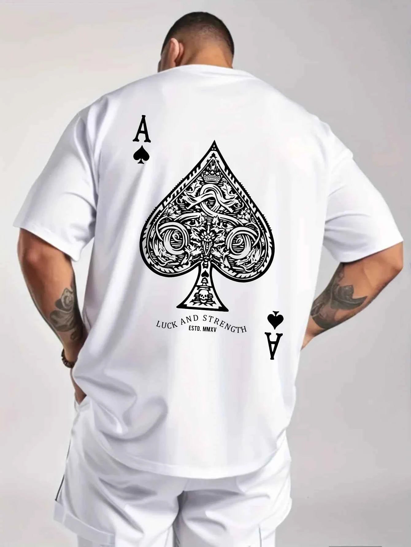 Summer men's 100% pure cotton casual sports loose oversized retro spade A printed comfortable round neck short sleeved T-shirt