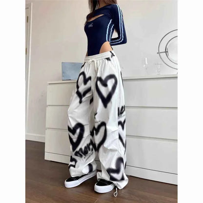 Love Graffiti Wide Leg Pants Women Y2K Elastic High Waist Streetwear Loose Drawstring Jogging Trousers Korean Casual Sweatpants
